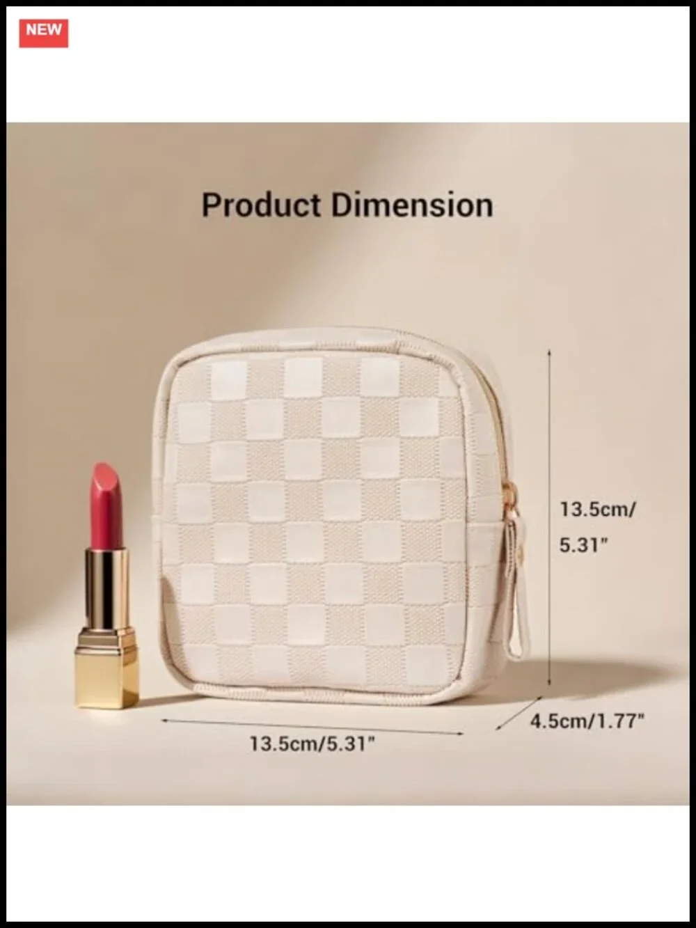 Small Leather Cosmetic Bag with Checkered Pattern, Slip-in Pockets, Travel